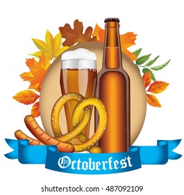 Beer bottle and glass with pretzels, sausages and autumn leaves