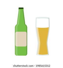 Beer bottle and glass. Beer and pub, bar symbol. Flat design. Isolated vector illustration.