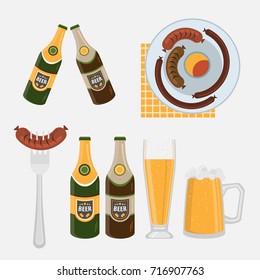 Beer in bottle and in a glass, sausages set of oktoberfest and barbecue isolated on white background vector illustration
