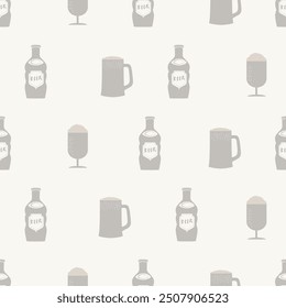 Beer bottle and beer glass seamless vector pattern background. Hand-drawn alcoholic drinks bottles and mugs backdrop. Neutral beige white ecru retro style for bar, business, festival. Regular repeat