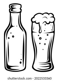 Beer bottle and glass, simple drawn, monochrome, vector