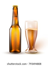 Beer bottle, glass of beer template. Realistic vector 3d glass container mockup refreshing alcohol drink beverage advertising logo brand label design. Transparent brown bar party isolated illustration