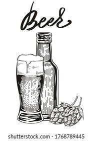 Beer bottle, glass and two hop flowers, hand drawn vector engraving style