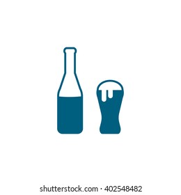 Beer bottle and glass. Vector icon blue
