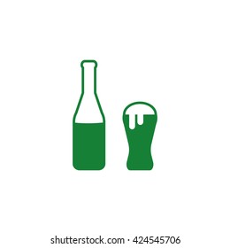 Beer bottle and glass. Vector icon green