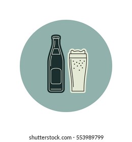 Beer Bottle and glass vector icon. Thin line icon of alcoholic drink.