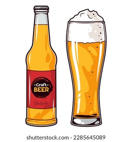 Beer bottle and glass. Vector illustration on white background