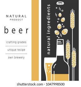 Beer bottle and a glass. Vector linear icons with traditional ingredients of brewing. Hops, wheat. Illustration for the brewery, pub, menu, label, brochure, booklet. Set of isolated elements.