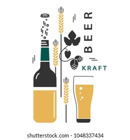 Beer bottle and a glass. Vector linear icons with traditional ingredients of brewing. Hop, wheat. Illustration for the brewery, pub, menu, label, brochure, booklet. Set of isolated elements.