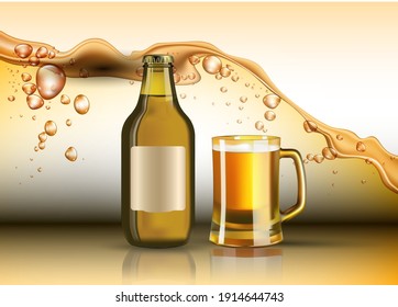 Beer bottle and glass Vector realistic. Product placement. Splash background