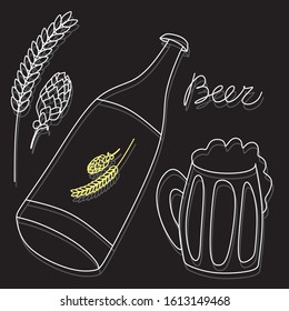 Beer bottle with glass and wheat and hops in black and gray with yellow