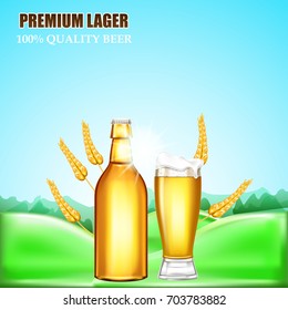 Beer bottle, glass and wheats. Natural product. Realistic vector concept.