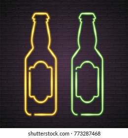 Beer Bottle Glasses Neon Light Glowing Vector Illustration. Bright Signboard, Light Yellow and Green Colour