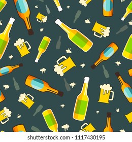 Beer bottle and glasses seamless vector modern illustration pattern texture