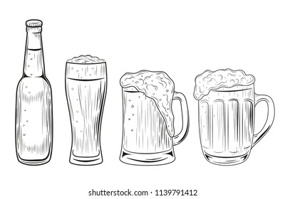 Beer bottle and glasses. Vector illustration isolated on white background. Hand drawn.