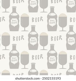 Beer bottle, glasses and the word Beer seamless vector pattern background. Hand-drawn alcoholic drinks bottles , frothy beer mugs and text backdrop. Neutral repeat in retro hand-lettering style.