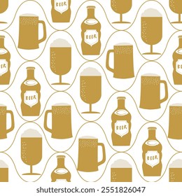 Beer bottle, glasses and the word Beer seamless vector pattern background. Hand-drawn alcoholic drinks bottles , frothy beer mugs and text backdrop. Neutral repeat. Retro hand-lettering style.