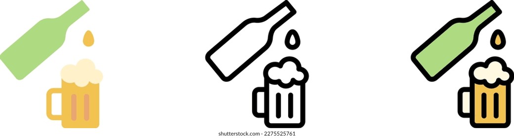 Beer bottle, goblet vector icon in different styles. Line, color, filled outline