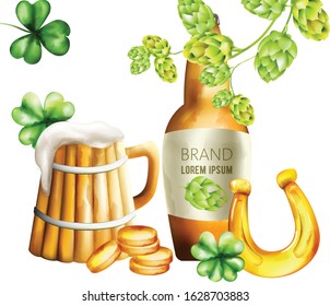Beer bottle with green artichoke and shamrock decorations. Wood mug with foam. Gold coins and horseshoe