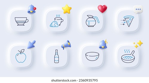 Beer bottle, Grill pan and Coffeepot line icons. Buttons with 3d bell, chat speech, cursor. Pack of Bombon coffee, Apple, Food delivery icon. Bowl dish, Coffee break pictogram. Vector