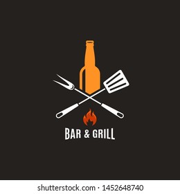 Beer bottle with grill tools. Bar and grill logo. BBQ with fire flame on black background