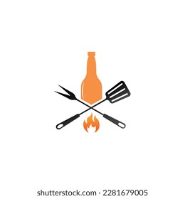 Beer bottle with grill tools. Bar and grill logo