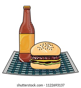 beer bottle and hamburger