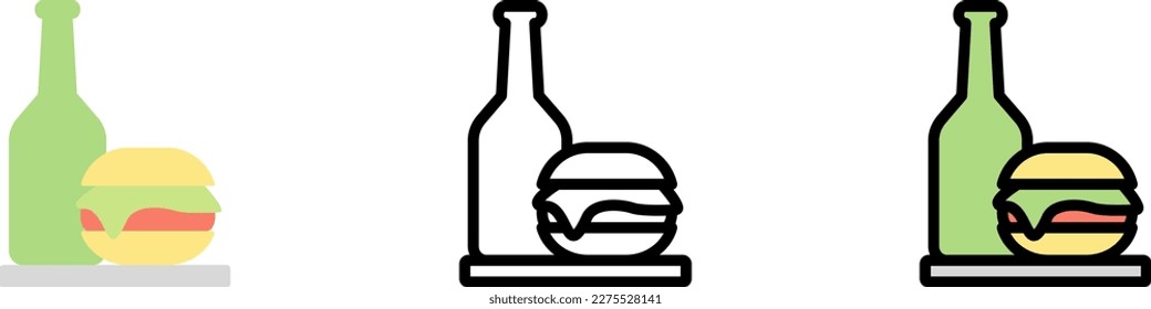 Botella de cerveza, icono vector hamburguesa en diferentes estilos. Línea, color, contorno relleno