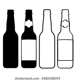 Beer Bottle Hand Drawn, Silhouette, Outline Vector. Beverage Illustration.