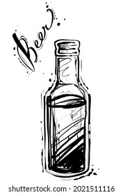 Beer bottle, hand drawn sketch, monochrome, vector