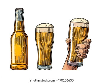 Beer bottle and hand holding glass. Vintage color vector engraving illustration for label, poster, invitation to party oktoberfest festival and birthday. Isolated on white background