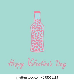 Beer bottle with hearts inside. Blue and pink. Love card. Vector illustration.