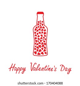 Beer bottle with hearts inside. Happy Valentines Day card.  Vector illustration. 