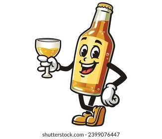 Beer Bottle is holding a glass cartoon mascot illustration character vector clip art