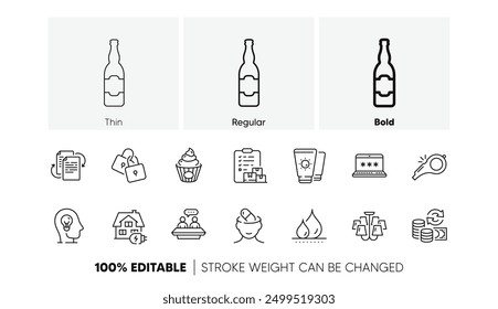 Beer bottle, Home charging and Mental health line icons. Pack of Chandelier, Laptop password, Cake icon. Employees talk, Depression treatment, Whistle pictogram. Delivery report. Line icons. Vector