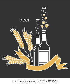 Beer bottle, hop and wheat. Vector concept with a ribbon. Modern line style. Illustration for web site, brewery icon, pub sign, beer bar symbol.