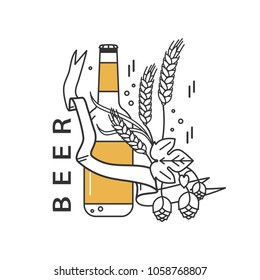 Beer bottle, hops, wheat and ribbon . Linear icon. Sign, design elements, symbol, emblem, label, logo for brewery, beer restaurant, pub, bar, menu, website. Vector illustration.