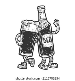 Beer bottle hugs glass of beer sketch engraving vector illustration. T-shirt apparel print design. Scratch board imitation. Black and white hand drawn image.