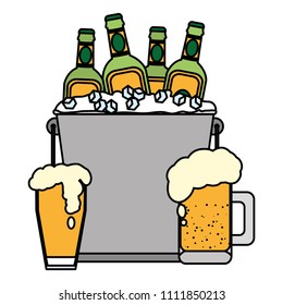 beer bottle with ice cubes inside bucket
