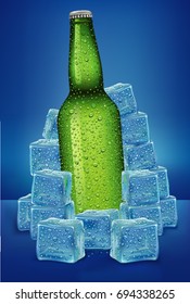 beer bottle in ice cubes with many water drops