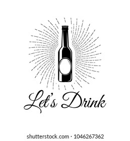 Beer bottle Icon in beams. Let s drink text. Craft beer. Vector illustration isolated on white background.
