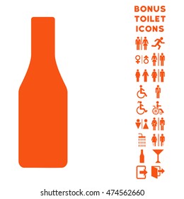 Beer Bottle icon and bonus man and female restroom symbols. Vector illustration style is flat iconic symbols, orange color, white background.