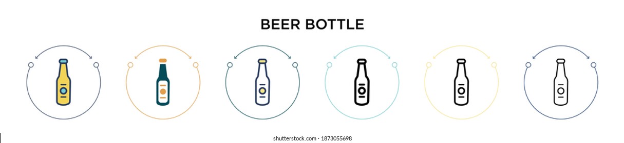 Icono de botella de cerveza en el estilo relleno, delgado, contorno y trazo. Ilustración vectorial de dos diseños vectores de botellas de cerveza de color y negro se pueden utilizar para móviles, ui, web