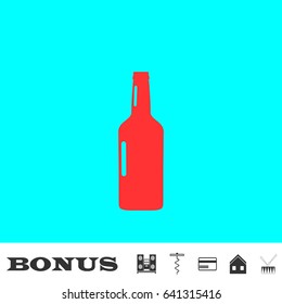 Beer bottle icon flat. Red pictogram on blue background. Vector illustration symbol and bonus buttons Music center, corkscrew, credit card, house, drum