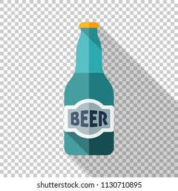 Beer bottle icon in flat style with long shadow on transparent background