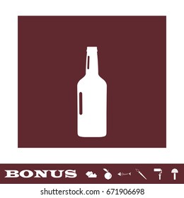 Beer bottle icon flat. White pictogram on brown background. Vector illustration symbol and bonus icons