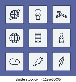 Beer bottle icon with internet, feather and pen symbols. Set of cloudy day, chimney, earth planet icons and weather concept. Editable vector elements for logo app UI design.