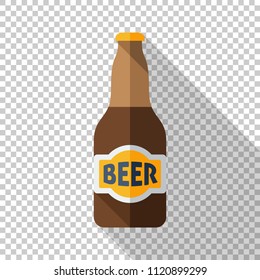Beer bottle icon with long shadow on transparent background