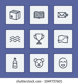 Beer bottle icon with map, trophy and open book editable symbols. Set of parcel, laughing, package icons and alcohol concept. Editable vector elements for logo app UI design.