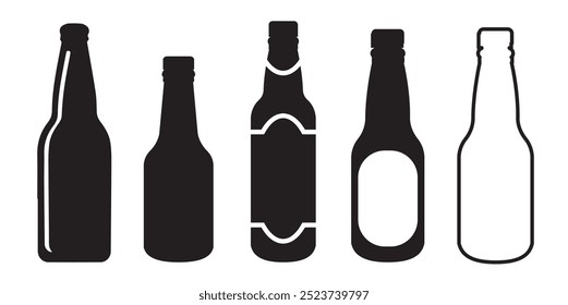 Icono de botella de cerveza. Signo minimalista o logotipo simple para bar y pub. Bebidas alcohólicas. Herramientas alcohólicas, para fiesta y letrero de borracho. Siluetas de botellas de cerveza. 